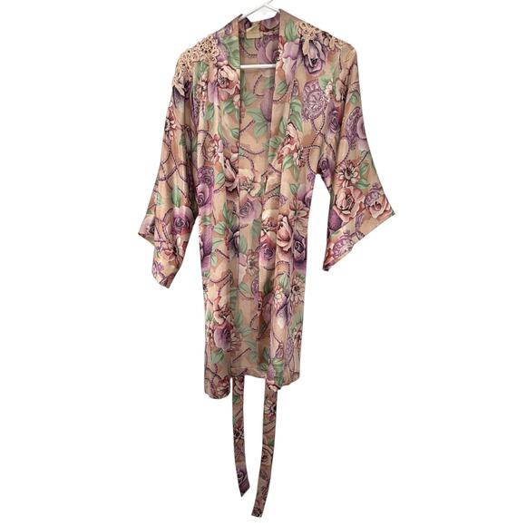 Vintage 90's Satin Floral Short Robe Kimono Lace Cottage Core Feminine Boho S - Picture 6 of 7